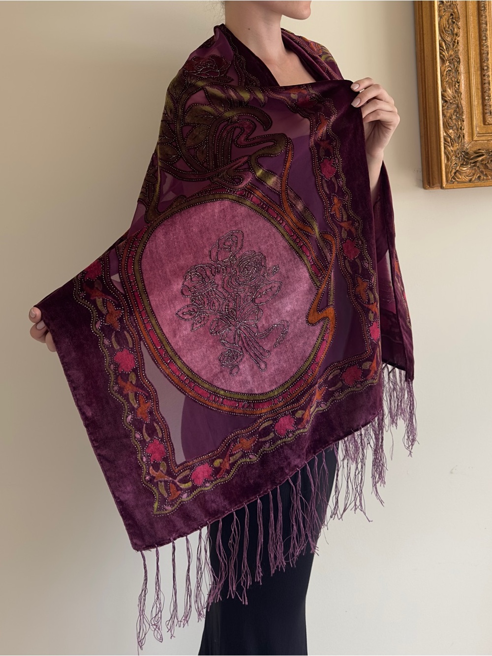 Plum Velvet burnout Embroidered Fringe Shawl - Unbranded